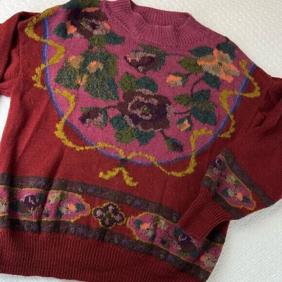 Vintage 80s 90s Jantzen Wool Textured Floral Paisley Knit Sweater Women’s M - Picture 6 of 14